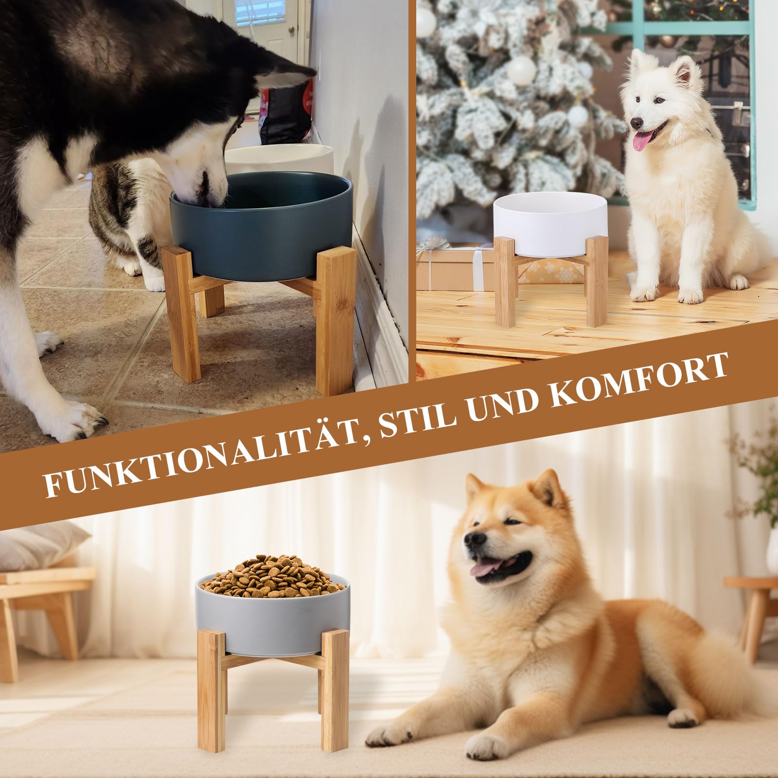 Hoch Keramik Hund Futternapf mit Bambus Ständer - Hundefressnapf und Wassernapf futterstation - Extra große Kapazität Haustier Futternapf-1800 ML - Schwerer Hundenapf für Grosse Hunde