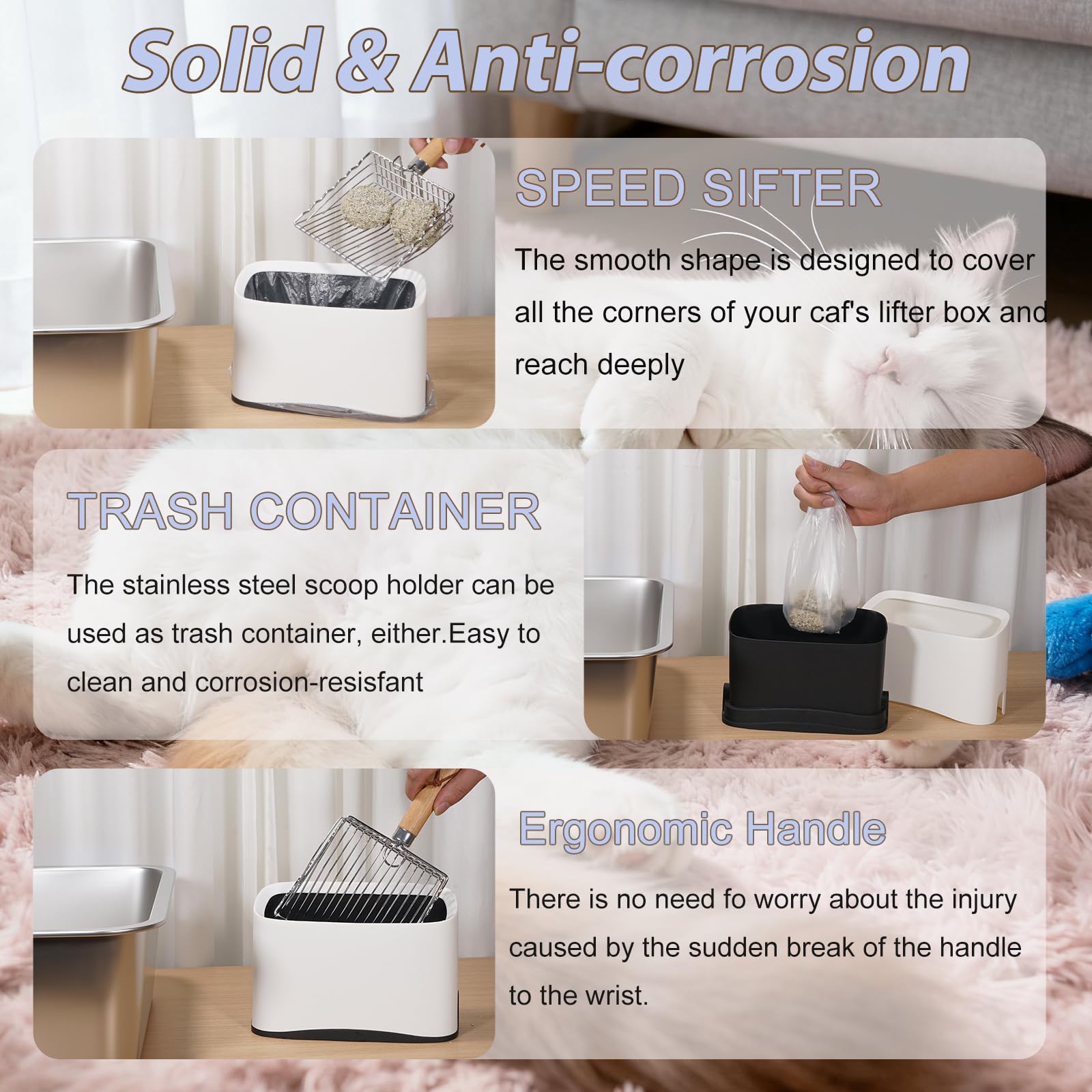 PIPIMOO Cat Litter Scooper with Holder, Metal Cat Litter Scoop, Stainless Steel Sifting Shovel, Poop Sifter&Speed Sifter, Heavy Duty Wood Grip Kitty Litter Scooper for Easy Cleaning, Cats Accessories - image 3