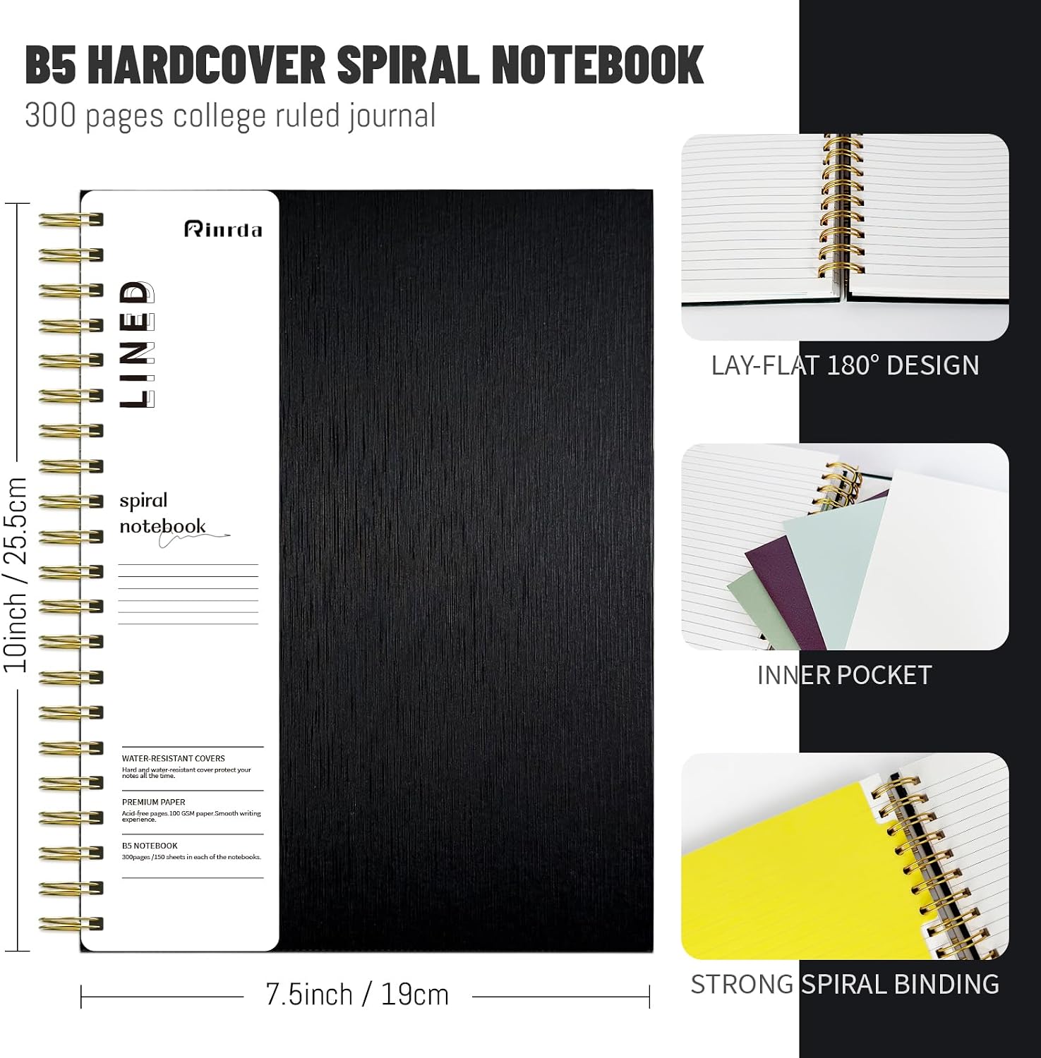 Hardcover Spiral Notebook with removable dividers 300 page,5 Subject Notebook 8"x10" B5 College Ruled Notebooks for Work Note taking，Lined Journal for Women (Black) image 2