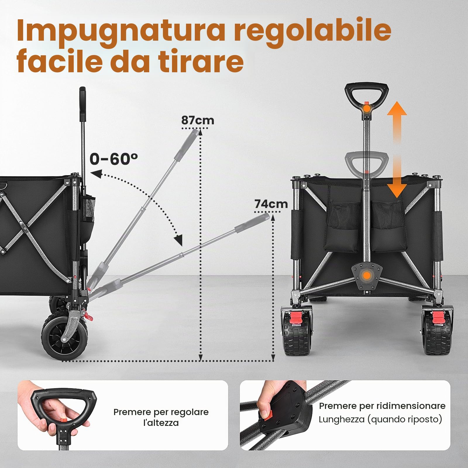 YEAUPE PRO Carrello Spiaggia Pieghevole con Ruote Portatutto, Grande Capacità, Doppi Freni, Doppia Forcella Rinforzata, Ruote Grandi, Manico Regolabile, Rete Elastica Inclusa, 250kg/255L, Nero