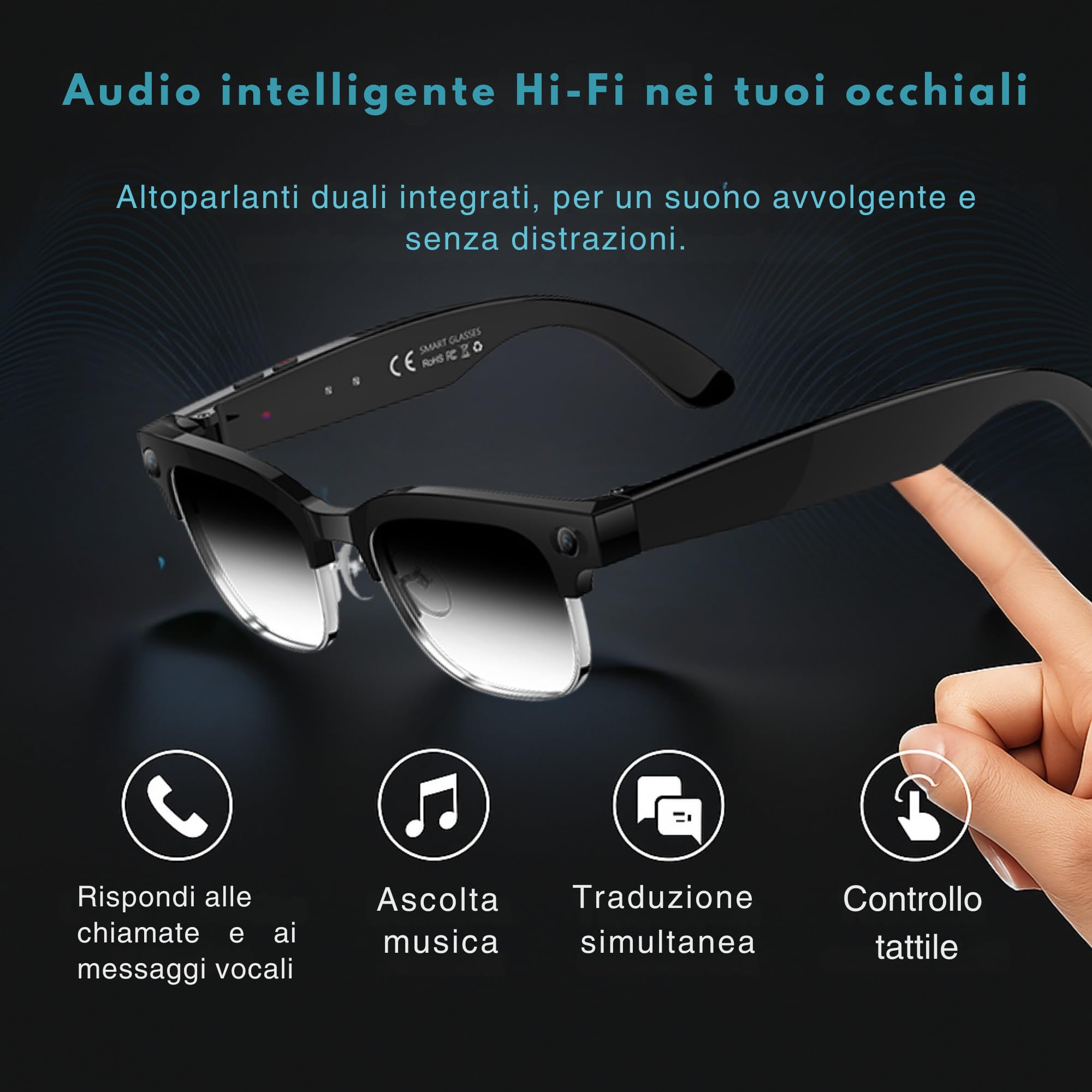 smartia – Occhiali Intelligenti con Fotocamera, Modello 2026, App in Italiano, Occhiali Bluetooth Suono Hi-Fi, IA GPT 5 integrata da Voice, Glasses Fotocromatici, Fotocamera da 33 MP 4K