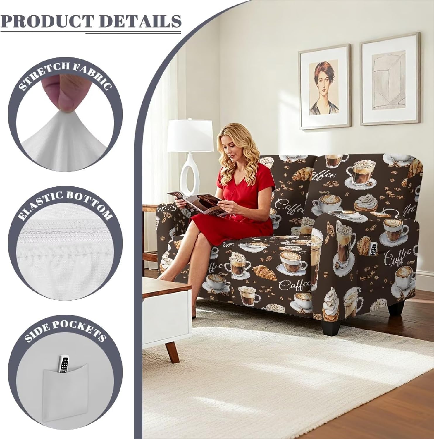 6 Piece Coffee Stretch Reclining Loveseat with Pockets Slipcover, 2 Seater Loveseat Recliner Cover, Recliner Couch Sofa Covers, Furniture Protector Cover for Pet Kid
