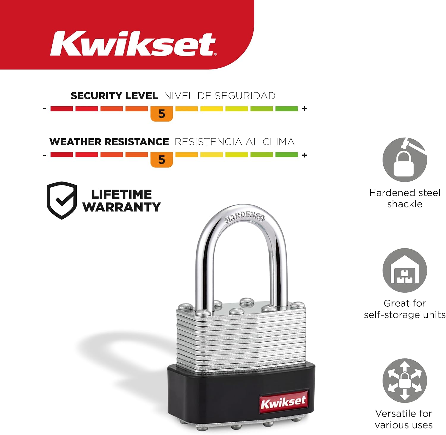 Kwikset Laminated Steel Padlock with Hardened Steel Shackle, Outdoor Gate and Fence Lock, 1-9/16 in Body, 1 in Shackle, 1 Pack, Silver
