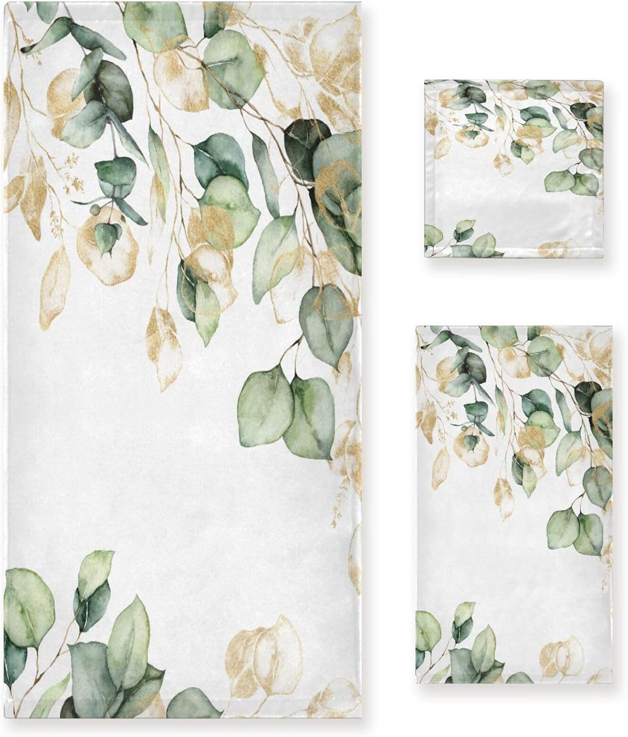 Blue Eucalyptus Bath Towel Set, 3 Piece Watercolor Blue Leaf Floral Spring Set, Absorbent Microfiber Decorative Towels for Hair, Face