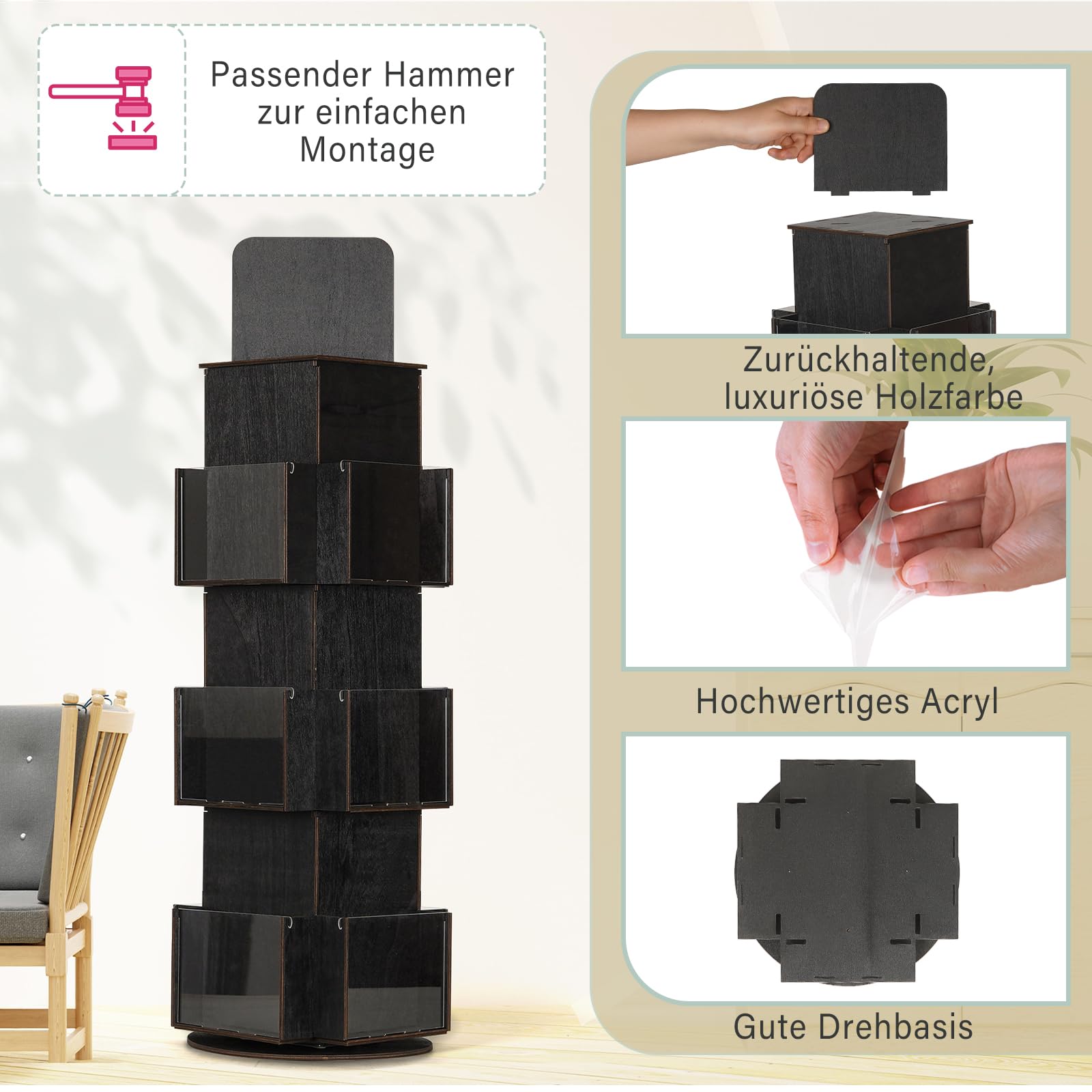 Theken Kartenständer Drehbar Hölzern Postkartenständer, Ebenholz | Grußkarten Hochformat Rotierender Ausstellungsstand für Postkarten