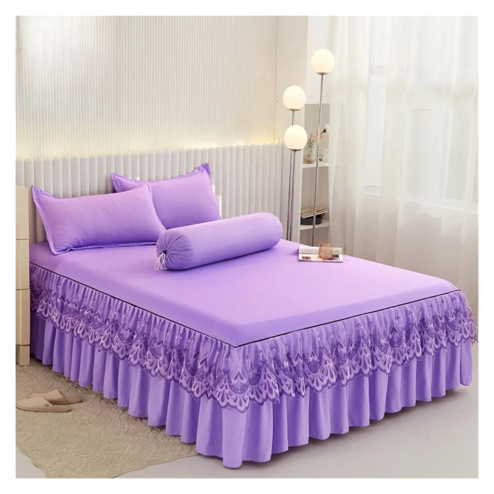 Ruffles Bed Skirt with Pillowcase Solid Mattress Cover Bedclothes Fitted Bed Sheet Single Double Size Home Textile(Purple,180x200cm-3pc)
