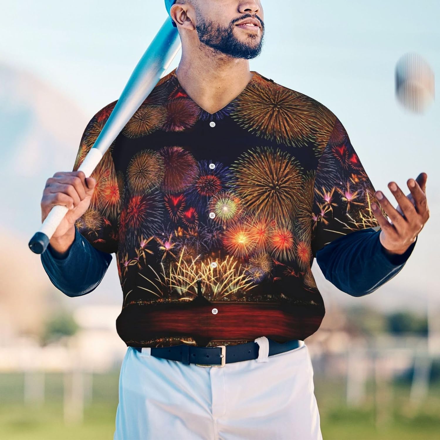 Fireworks Stylish Softball Jersey,Personalized and Breathable Baseball Button Down for Men for All Seasons and Occasions