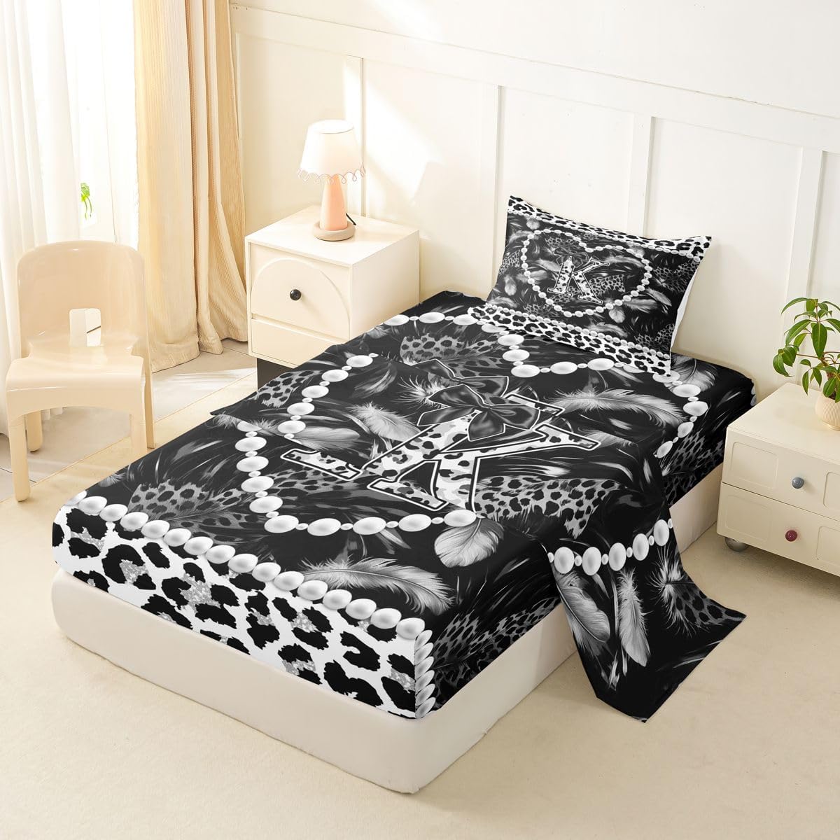 Erosebridal Personalized Black Bow Initial Letter K Sheet Set Aesthetic Feather Grey Leopard Print Twin Sheets Set for Toddler Boys,Glam Beaded Heart Coquette Pearl Y2K Monogram Fitted Sheet