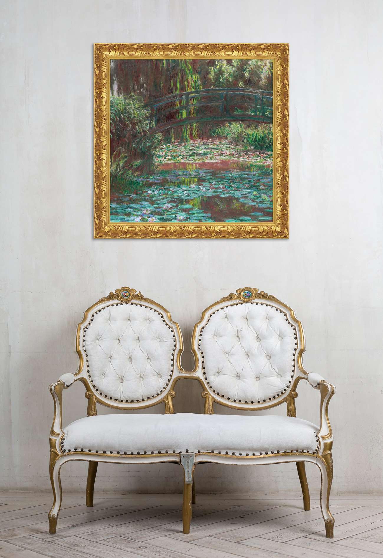LuxHomeDecor Claude Monet – Bassin aux nymphéas – Tableau impression sur toile effet peinture avec cadre en bois doré baroque classique - 80x80 cm