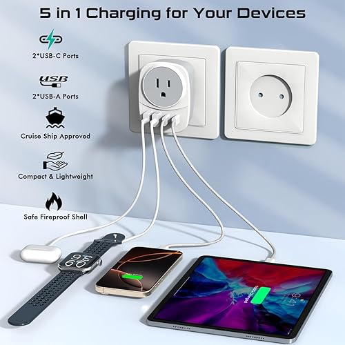 Miniatura 3 de Adaptador de enchufe de viaje europeo de 20 W, 2 puertos USBC y 2 puertos USBA, cable tejido USB C a USB C de carga rápida de 60 W, enchufe de