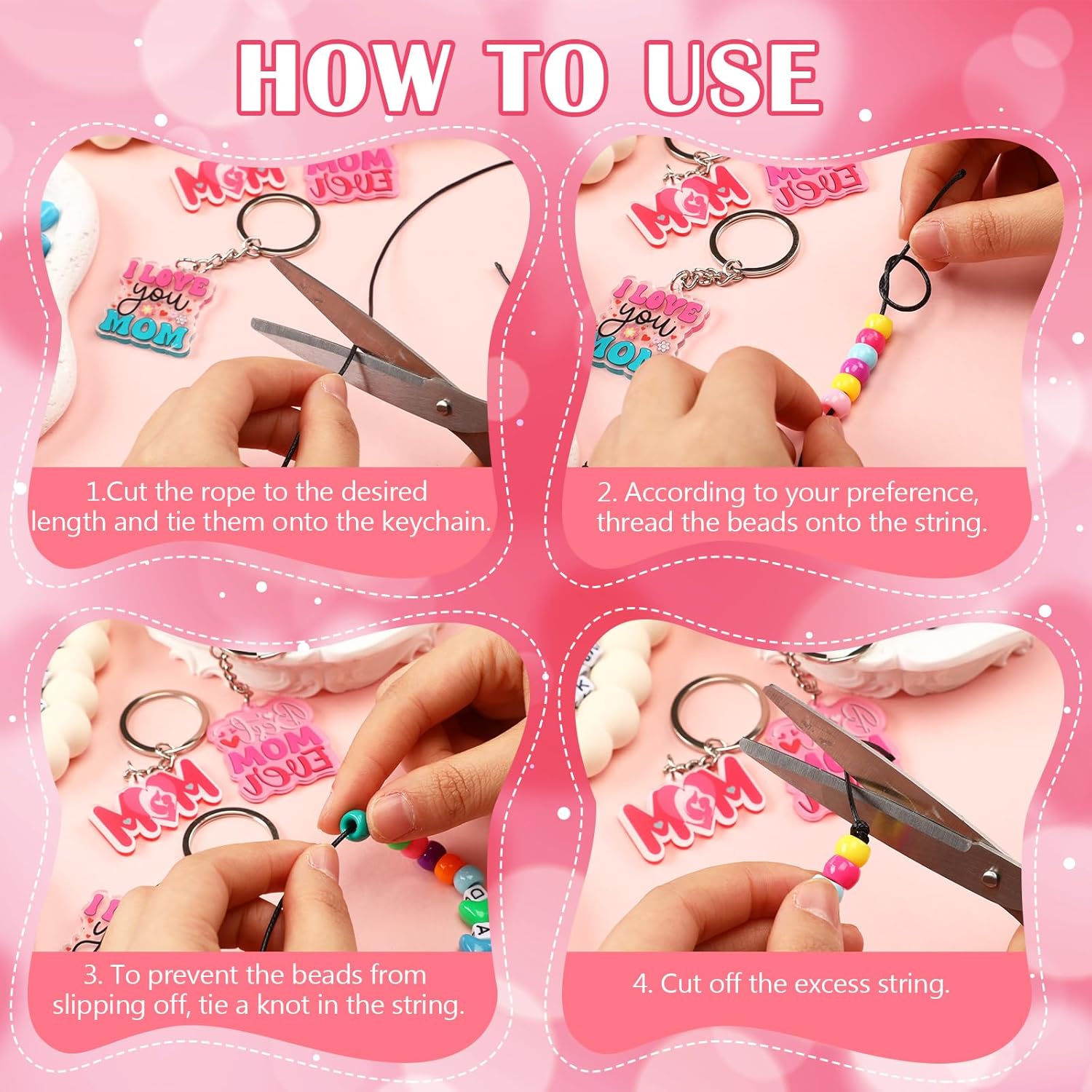 Tondiamo 36 Set Mother's Day DIY Keychain Craft Kits Bead Keychain Kit Making Crafts Adjustable Mom Letter Colored Beads Strings Acrylic Heart Crown Keyrings for Mother Birthday Gifts