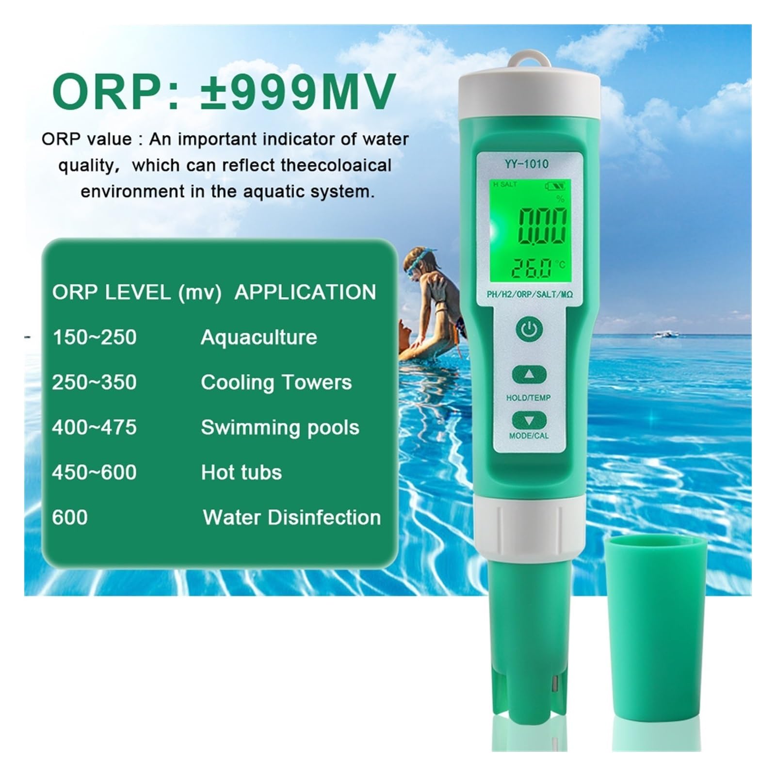 Zestaw do badania wody, 10 w 1 PH/EC/TDS/ORP/H2/Żyzność/Zasolenie/SG/Rezystywność/Temp Miernik jakości wody Cyfrowy wielofunkcyjny tester do akwariów(Meter)