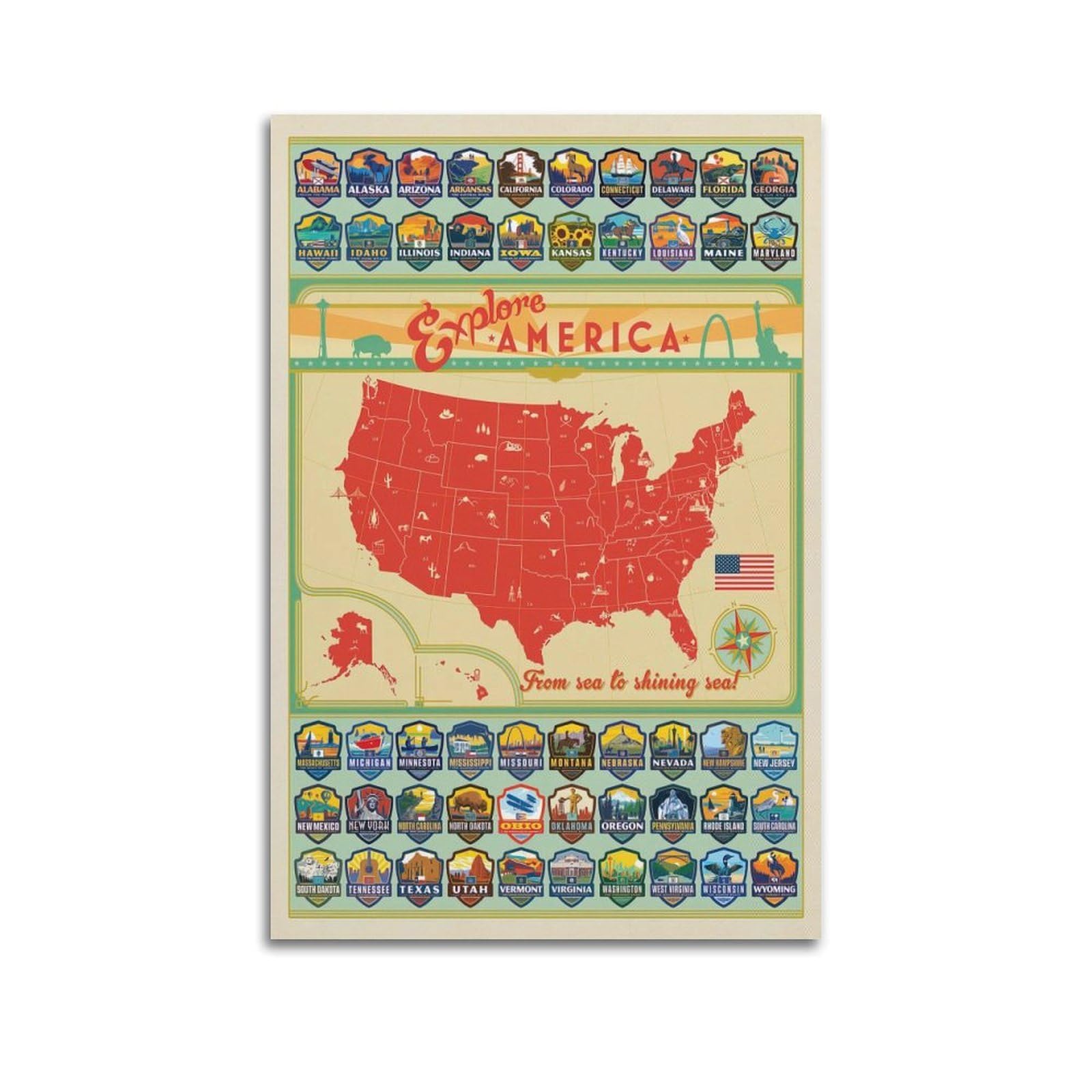 DLJGDS Vintage Travel Posters America Map 50 State Emblems Decorative Painting Canvas Wall Posters And Modern Family Bedroom Decor 20x30inch(50x75cm)