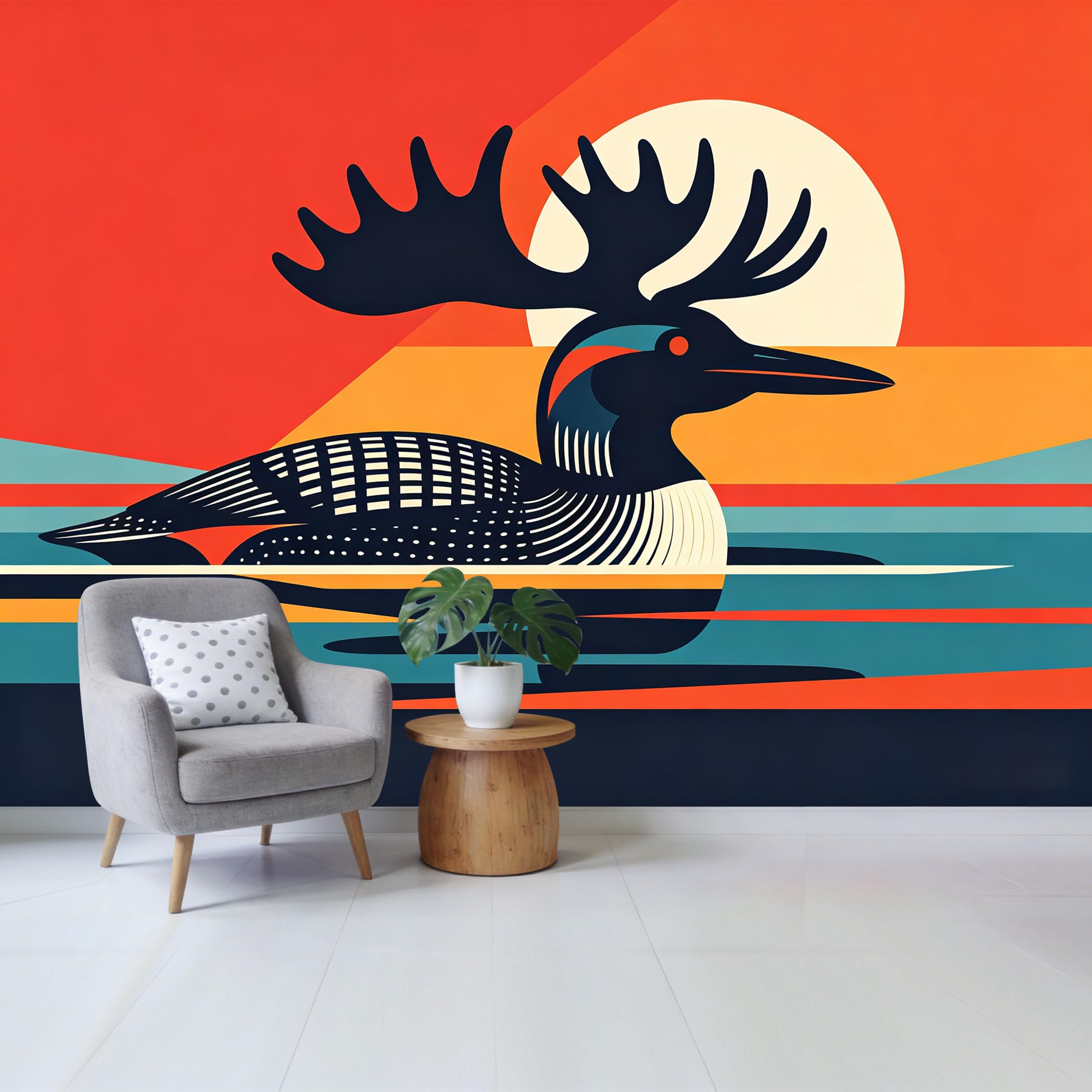 Qzlithotic Yq2605250277 Custom Size Wall Mural Modern Geometric Common Loon Bird Sunset Lake Landscape Abstract Minimalist Selfadhesive Wall Fabric Removable Wallpaper For Home Office Decor