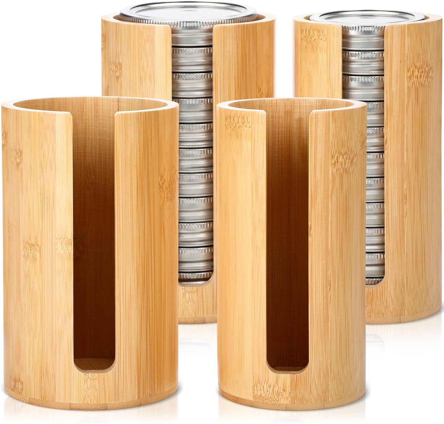 LemonRoad 4 Packs Mason Jar Lid Organizer Vertical Bamboo Storage Holder Fits Wide Mouth and Regular Mouth Mason Jar Accessories for Canning Lid Kitchen Rack Cabinet Organization (Double Sided Open)