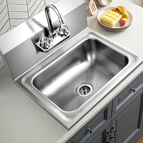 Vista 8 de Giantex Fregadero de lavado de manos de acero inoxidable, fregadero comercial con grifo, colador, salpicaduras traseras, lavabo de mano comercial