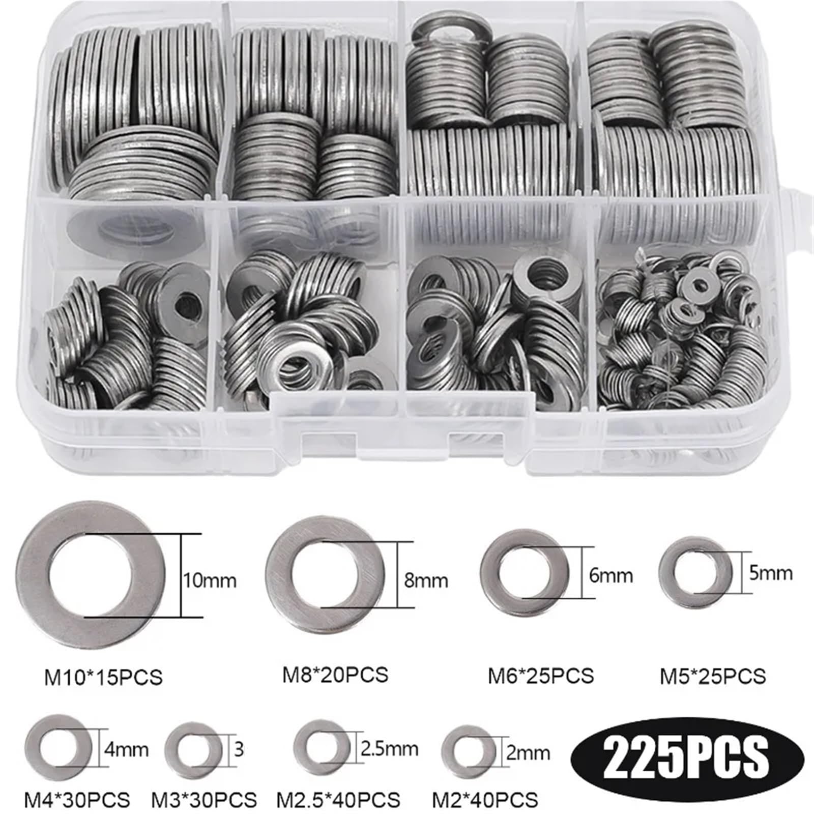 Arandelas Metalicas 225/1125 Uds 304 arandelas planas de acero inoxidable M2-M10 anillo de tornillo de Metal juntas lisas Kit surtido de Hardware de sujeción(675pcs(3 box))