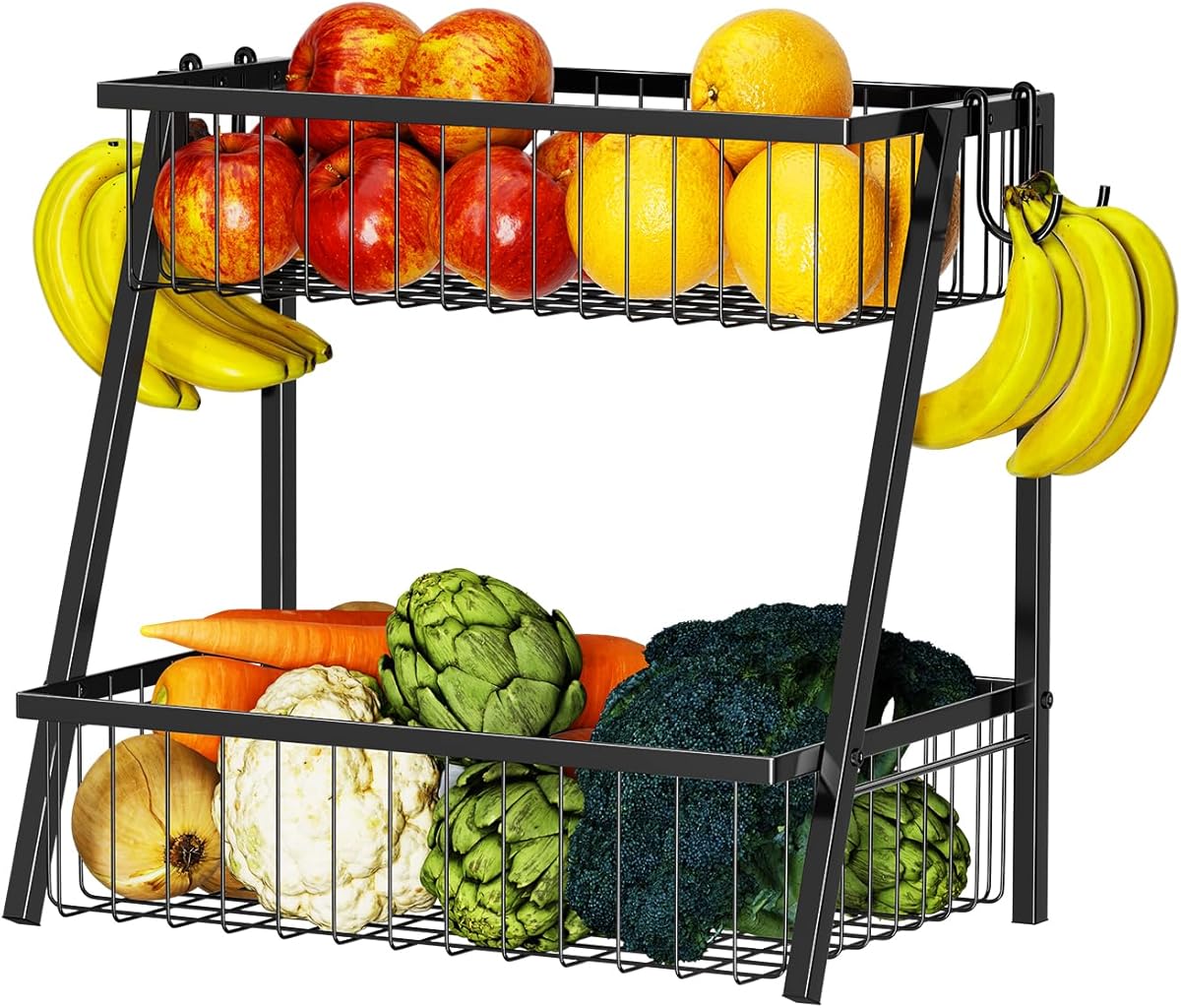Simple Trending 2 Tier Fruit Basket Metal Wire with 4 Banana Hooks, Countertop Fruit Vegetable Basket Kitchen Organizer for Bread Snack Veggies Produce, Black