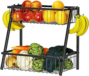 Simple Trending 2 Tier Fruit Basket Metal Wire with 4 Banana Hooks, Countertop Fruit Vegetable Basket Kitchen Organizer for Bread Snack Veggies Produce, Black