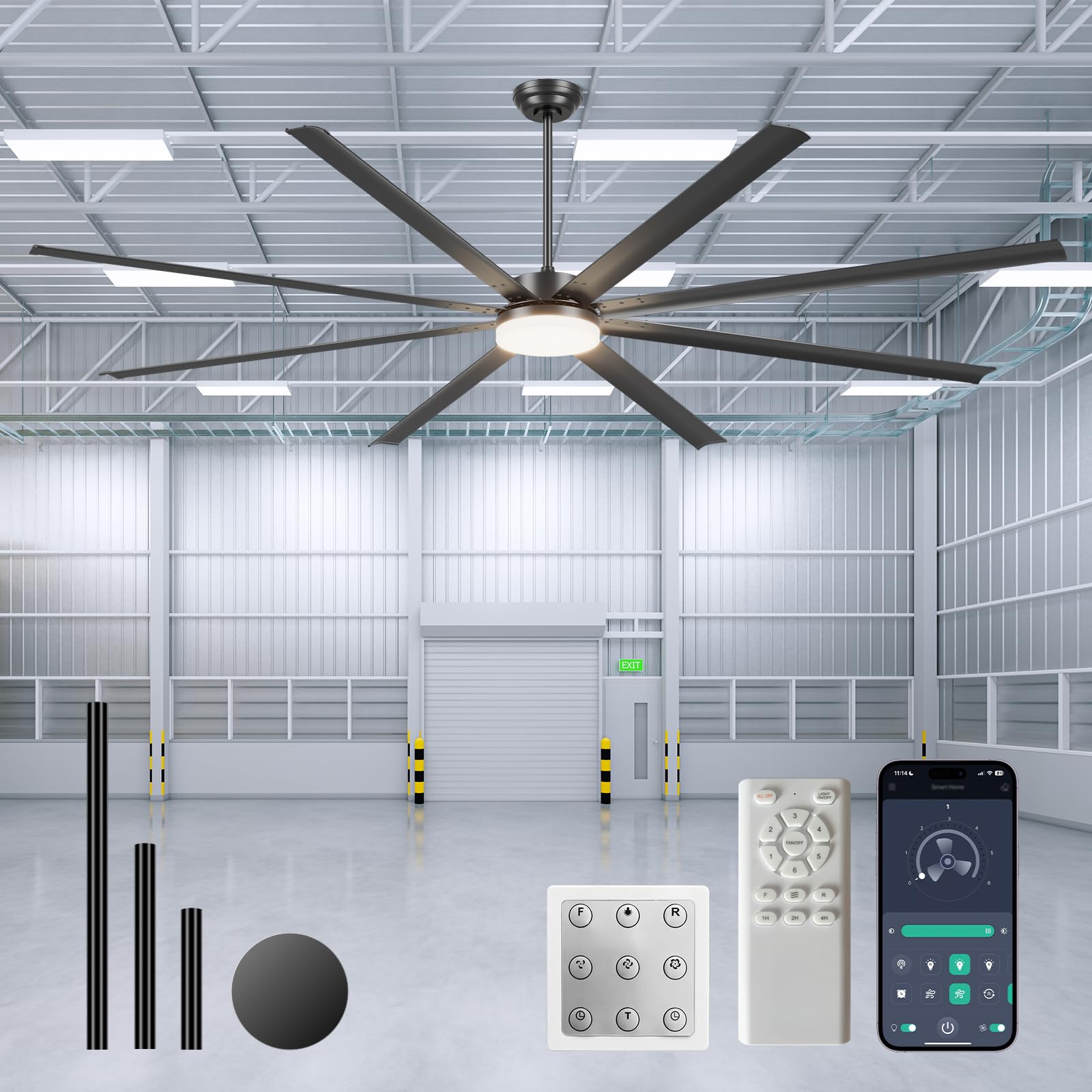 Carrefour 100 Inch HVLS Smart Ceiling Fans with Lights and Remote, Commercial Large Ceiling Fan No Light Option, 6 Speed Reversible DC Motor, APP and