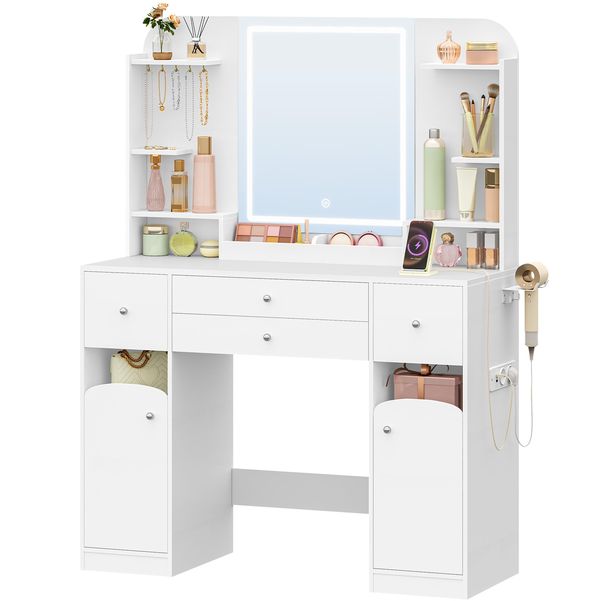 Hzuaneri Toeletta Trucco con Luce LED, con Presa e Porta Asciugacapelli, Ampio Piano D'appoggio 108cm, Toeletta con 2 Cassetti Grandi con Contenitore per Gioielli, 2 Armadietti, 40x108x145 cm Bianco