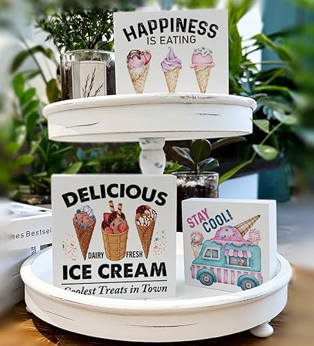 Miniatura 5 de Decoración de helado de verano para el hogar, decoración de bandeja escalonada con temática de helados, 3 piezas, caja de madera, letreros