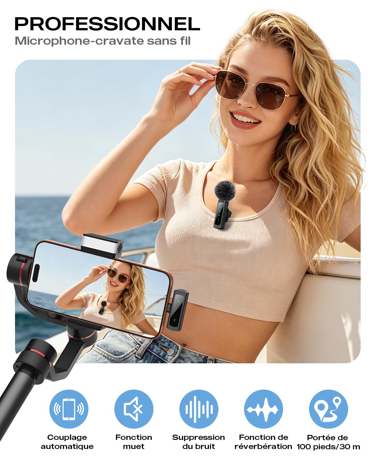 Micro Cravate sans Fil Professionnel, Mini Micro Plug & Play (USB-C/Lightning/USB-A), Réduction de Bruit, Appairage Auto, Sourdine & Réverbération, pour Vidéo, Youtube, Téléphone/PC/Caméra