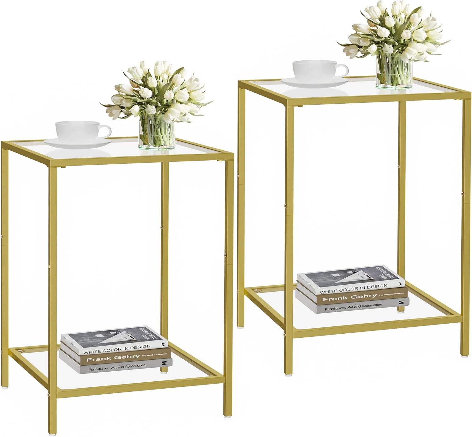 Side Tables Set of 2, End Table with Tempered Glass, 2-Tier Nightstands with Storage Shelves, Coffee Table with Modern Style, Square Sofa Table for Living Room, Bedroom, 15.7"D x 15.7"W, Golden Golden 15.7"D x 15.7"W x 23.6"H