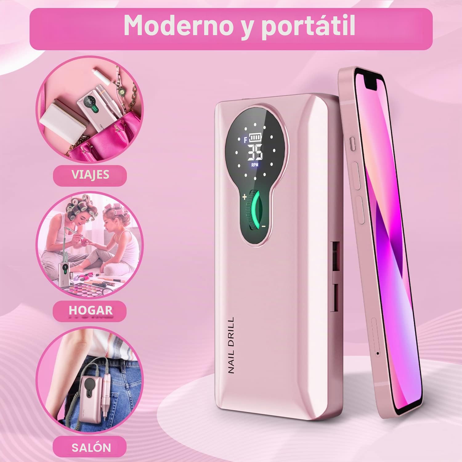 Torno para Uñas Profesional 35000 RPM, Autonomía 20H Lima Eléctrica Inalámbrica para Uñas de Gel y Acrílico, Kit con 13 Brocas y 56 Bandas de Lija, Pantalla LCD, Rosa (S506)