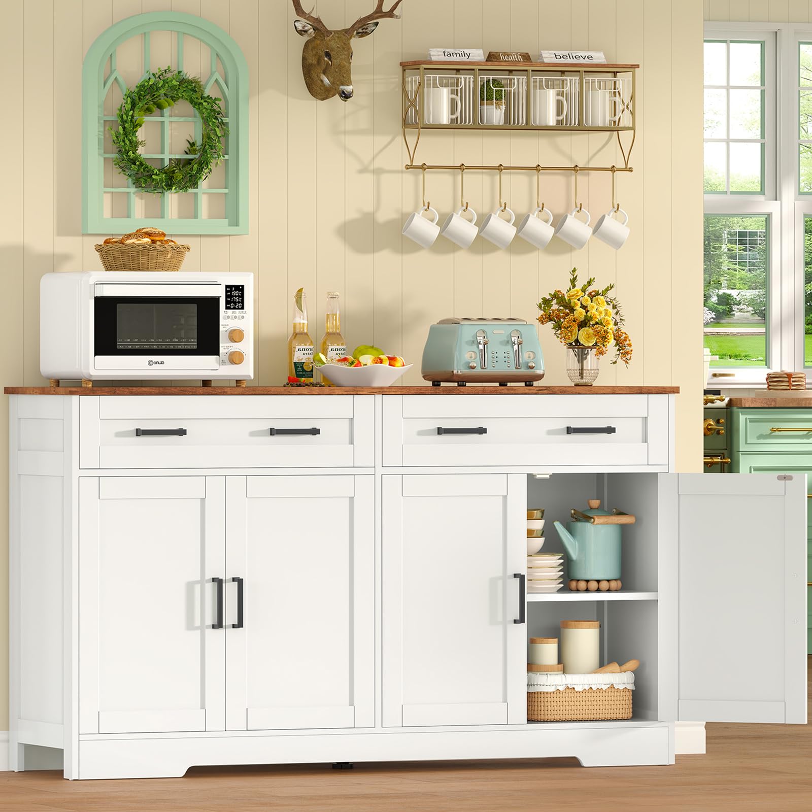 TEENFON 140 cm (B) Sideboard, 80 cm (H) Küchenschrank mit Arbeitsplatte, Buffetschrank mit 2 Schubladen & Verstellbaren Regalen, Küchenzeile für Küche, Wohnzimmer & Flur - 140 x 36.8 x 80 cm - Weiß