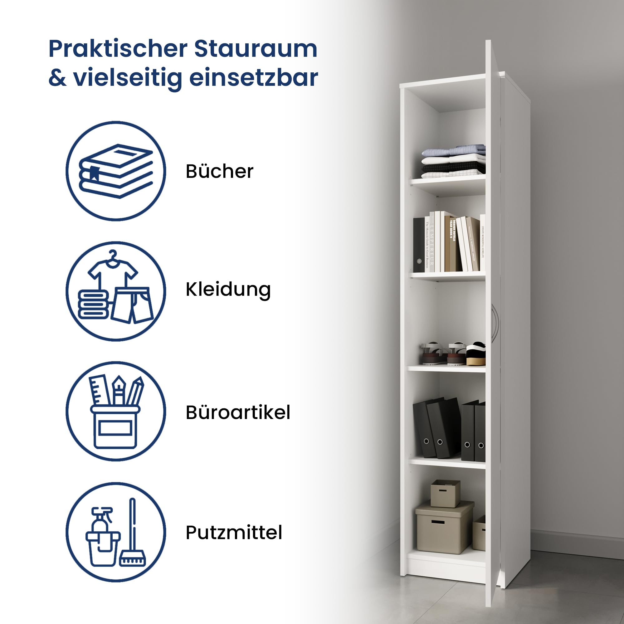 Home Collective Bücherregal Kleiderschrank Regal Schrank Mehrzweckschrank mit 4 Einlegeböden Aktenschrank Garderobenschrank | 40x35x180 cm (BxTxH) | für Schlafzimmer Flur Büro Keller | weiß