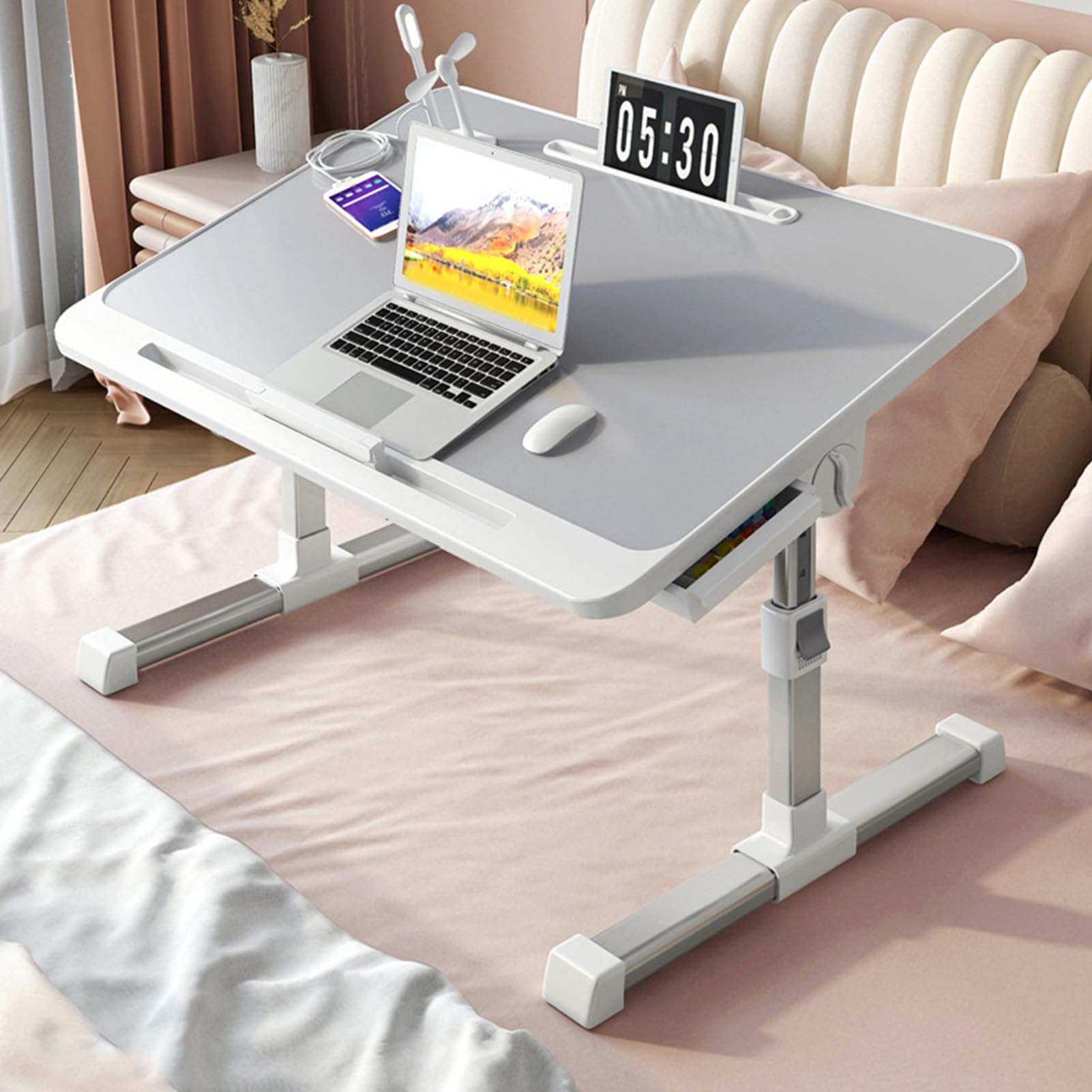 Stolik Przy łóżku na Laptopa, Składane Biurko na Laptopa, Przenośny Stolik Przy łóżku, Stolik Przy łóżku na Laptopa ze Składanymi Nogami, Obrotowy Blat Przenośne Biurko na(Jasnoszary)