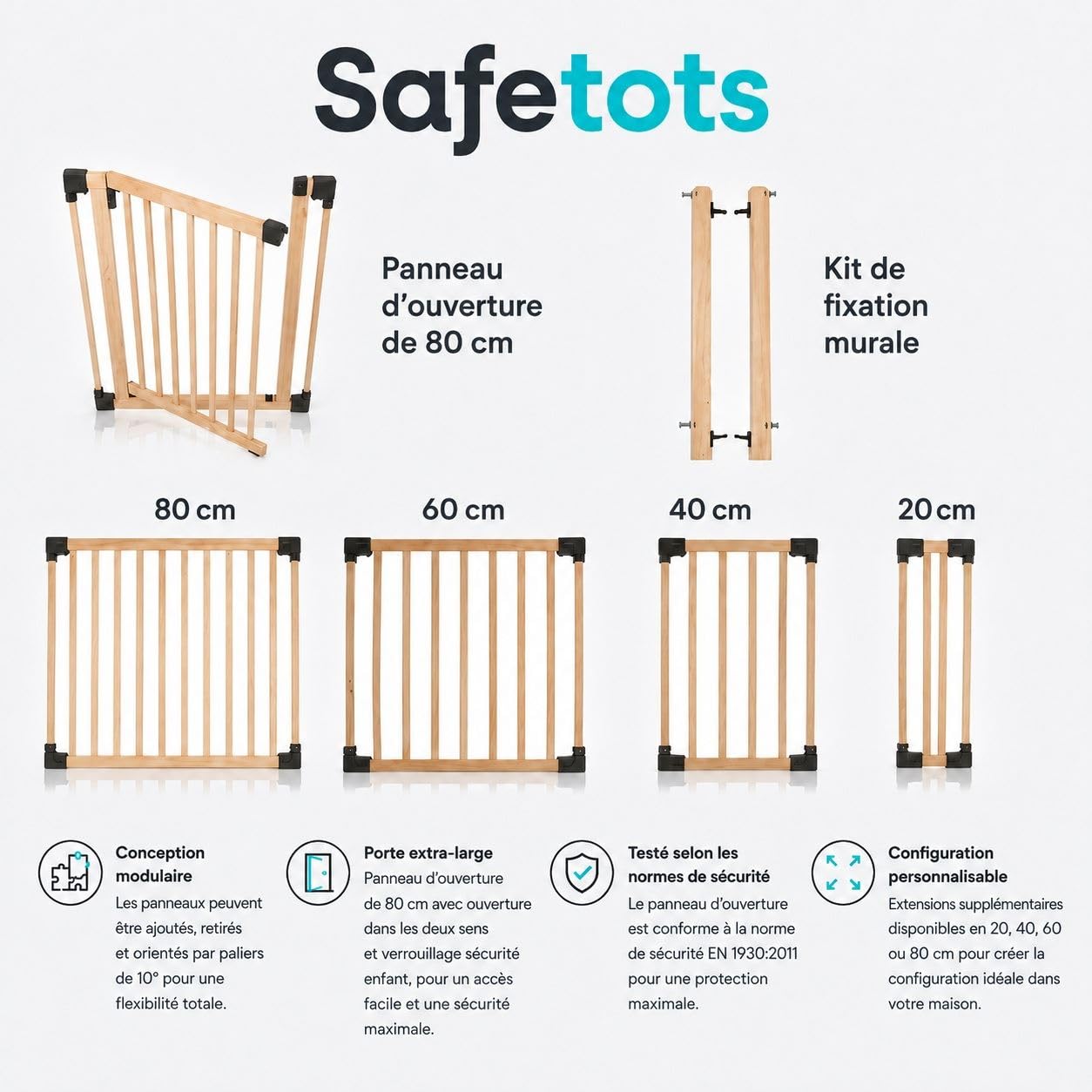 Safetots Séparateur de Pièce Multi-Panneau en Bois, Barrière Flexible avec Porte pour Bébé et Tout-Petit, Installation Facile, jusqu'à 136cm de Largeur x 76cm de Hauteur, Couleur Bois Naturel