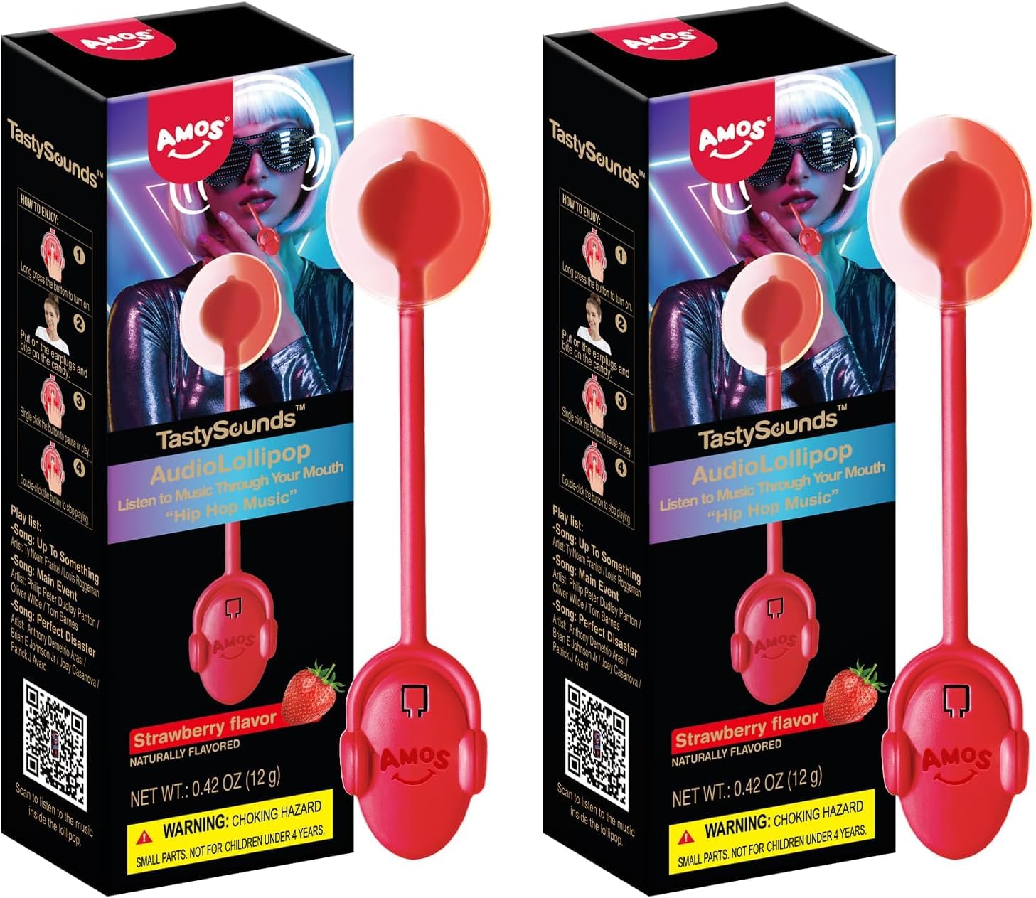 AMOS Lutscher Audio Lollipop Süssigkeiten, 1x Erdbeere & 1x Blaubeere Ostern Süßigkeiten Geschenke Musik Lollies Bonbons Süßigkeitens, Lutscher Zuckerfrei Einzeln Verpackt