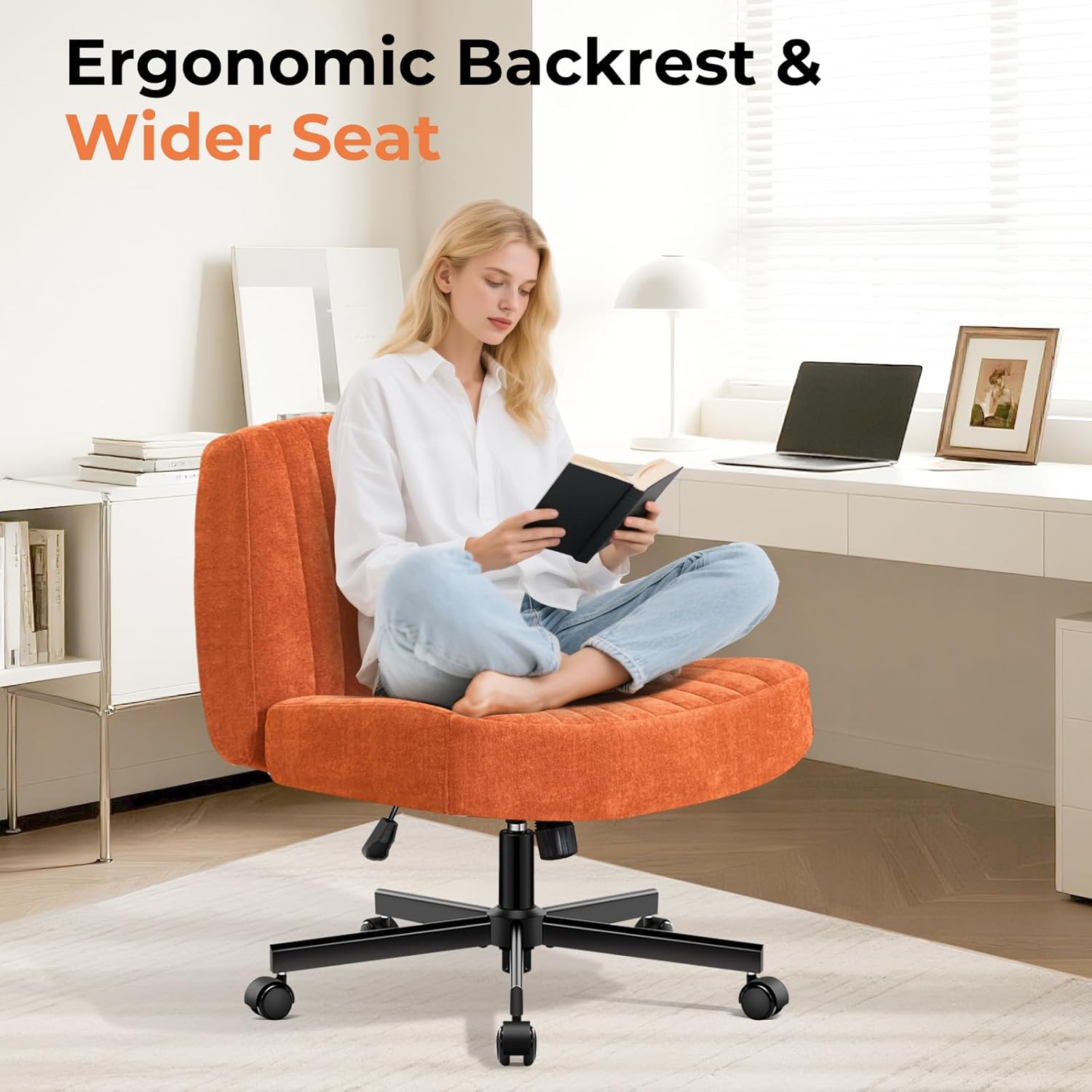 Convertible Base Criss Cross Chair with Pocket Springs & Thicker and Wider Cushions, Armless Legged Office Chair Relieves Back Pain, Swivel Vanity Chair for Living Room/Office, Orange