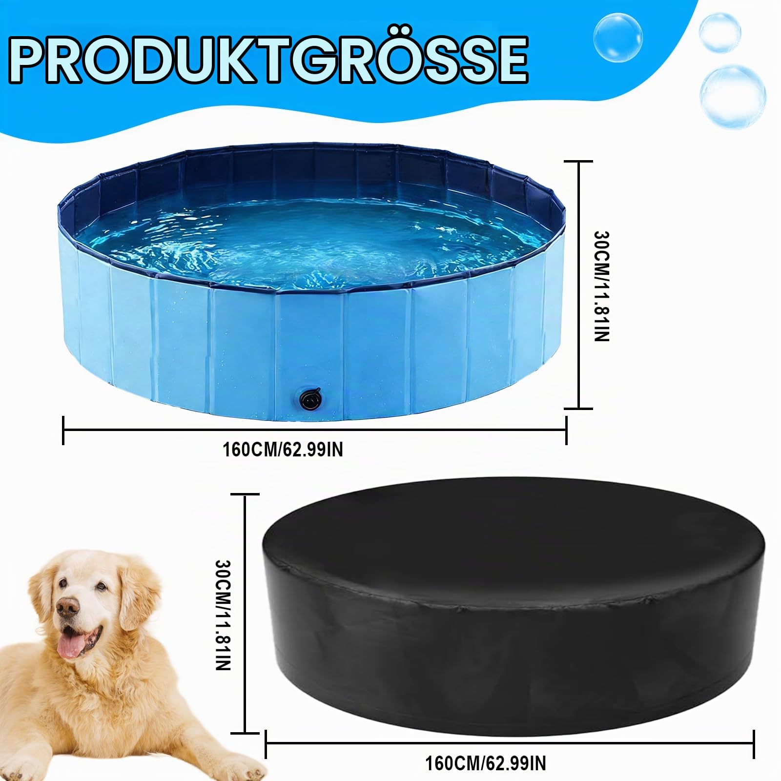 Hundepool fur Große Hunde 160 x 30 cm mit Staubschutz Faltbarer Pool | für Hunde aus PVC Große Hundebadewanne, tragbarer Außenpool, Garten