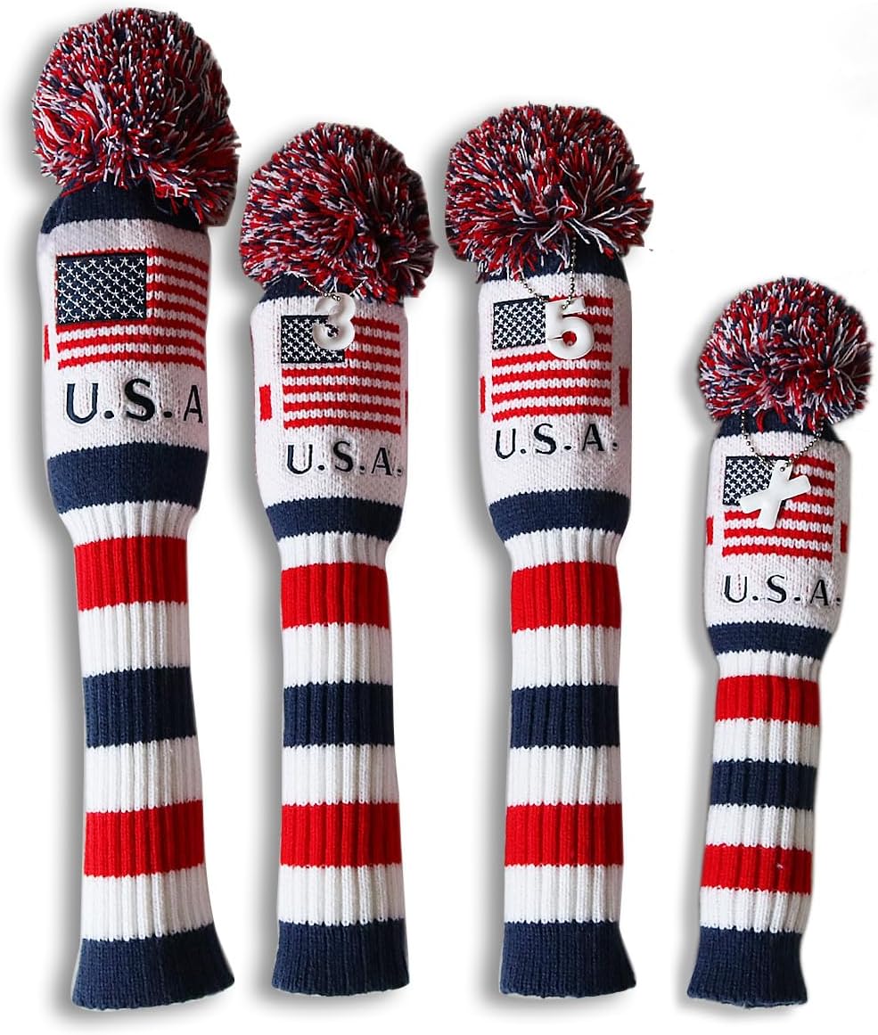 Craftsman Golf US Flag Knit Pom Pom White Blue Red Driver,Fairway Wood, Hybrid Head Cover Headcover for Callaway Mizuno Cobra Taylormade