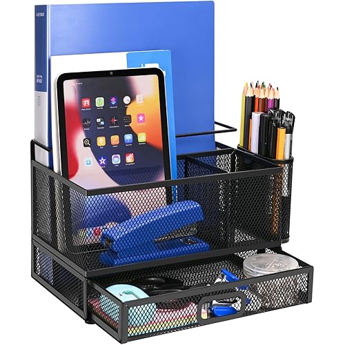 SHANSVYE Mesh Desk Supplies Organizer with Drawer,3 Compartments,Office Desktop Organizers and Accessories, 9.45"×6"×5.4",Desk Stationery Organizer Caddy for School,Home, Office