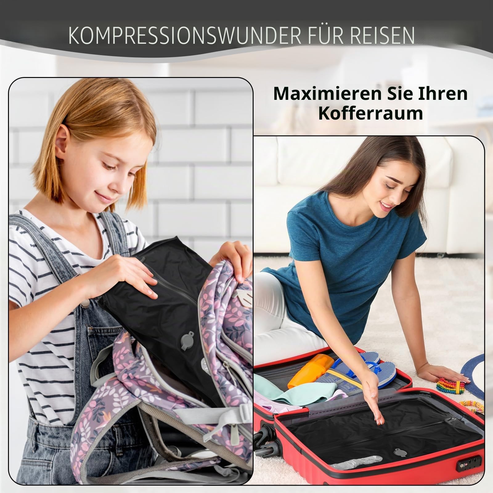 WingFly Vakuumbeutel für Kleidung Reise mit Kabelloser Pumpe, IP67 Wiederverwendbare Kompressionsbeutel für Koffer und Rucksack, Platzsparend,Leicht und Langlebig (Schwarz, 2PC+Pumpe)