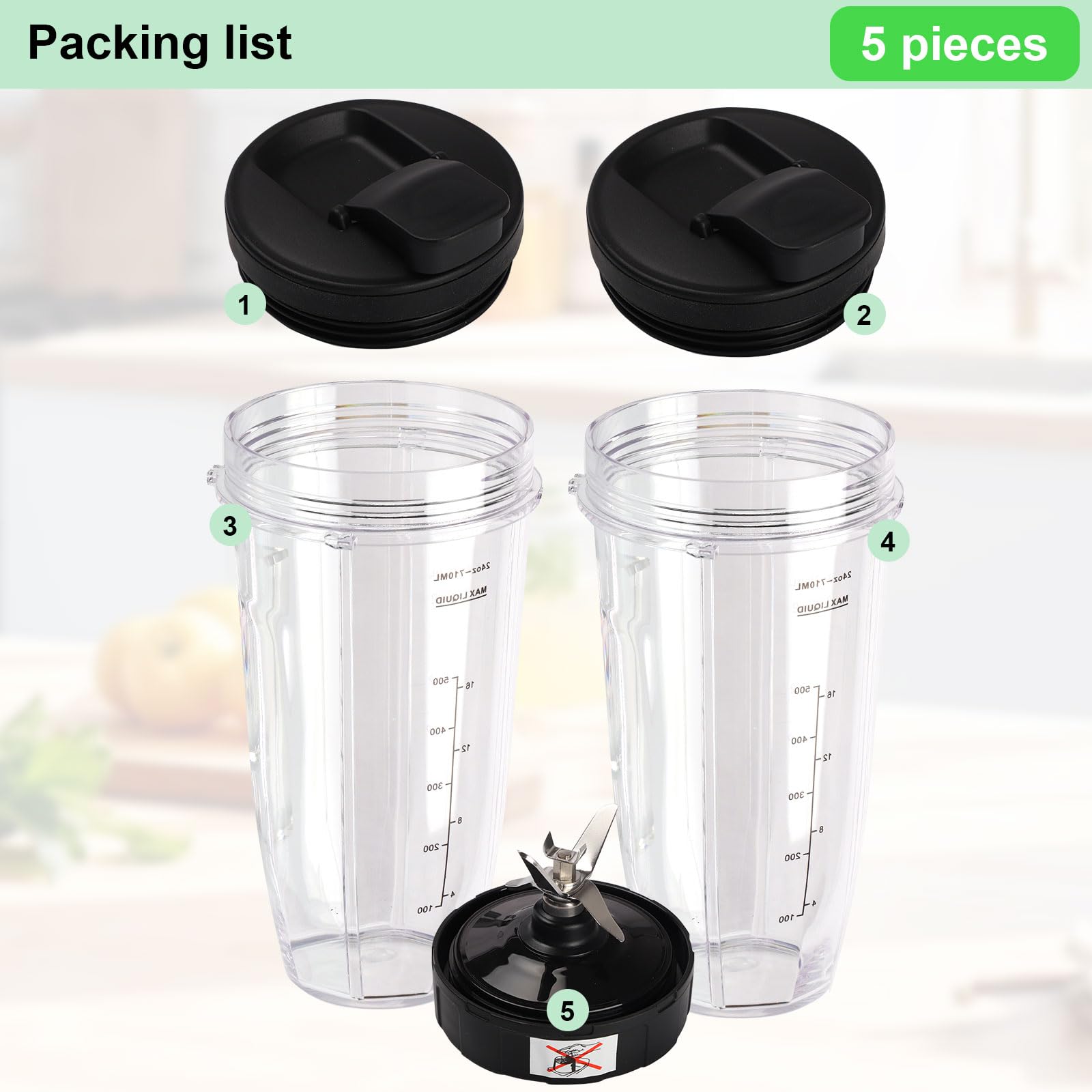 2 Piezas Repuestos para Batidora Ninja,Vasos Licuadores de 24 oz con Tapas Extraíble y 7 Cuchilla Extractora,Vaso de Repuesto para Ninja Bl2012/Bl487a/Bl492/Bl640/Nn100a/Nn101/Nn102