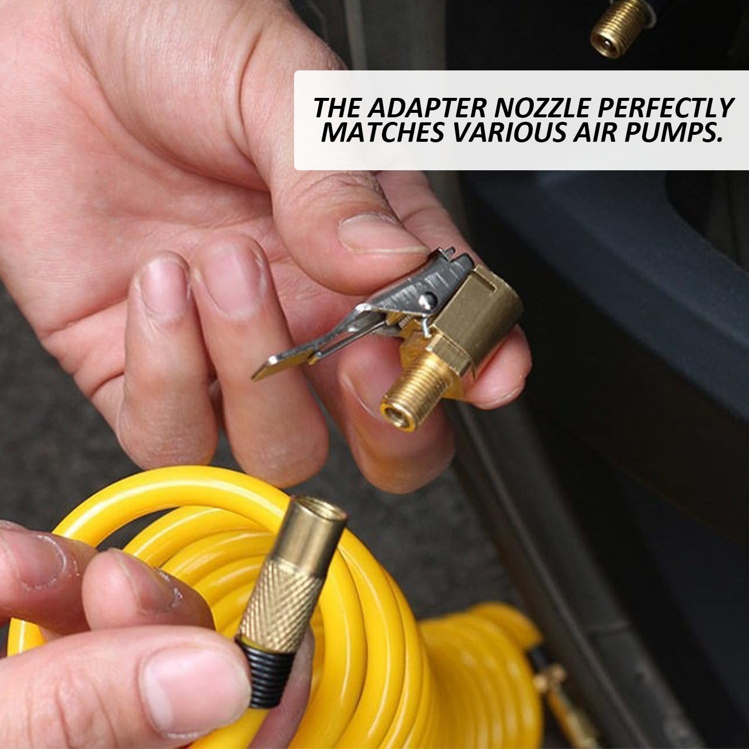 1 wąż do nadmuchiwania, 2 adaptery do pompki powietrza, adapter do wentyla samochodowego, szybkozłączka, gwint drobny, wąż z przegubem dźwigniowym, niezbędny do pompowania opon samochodowych