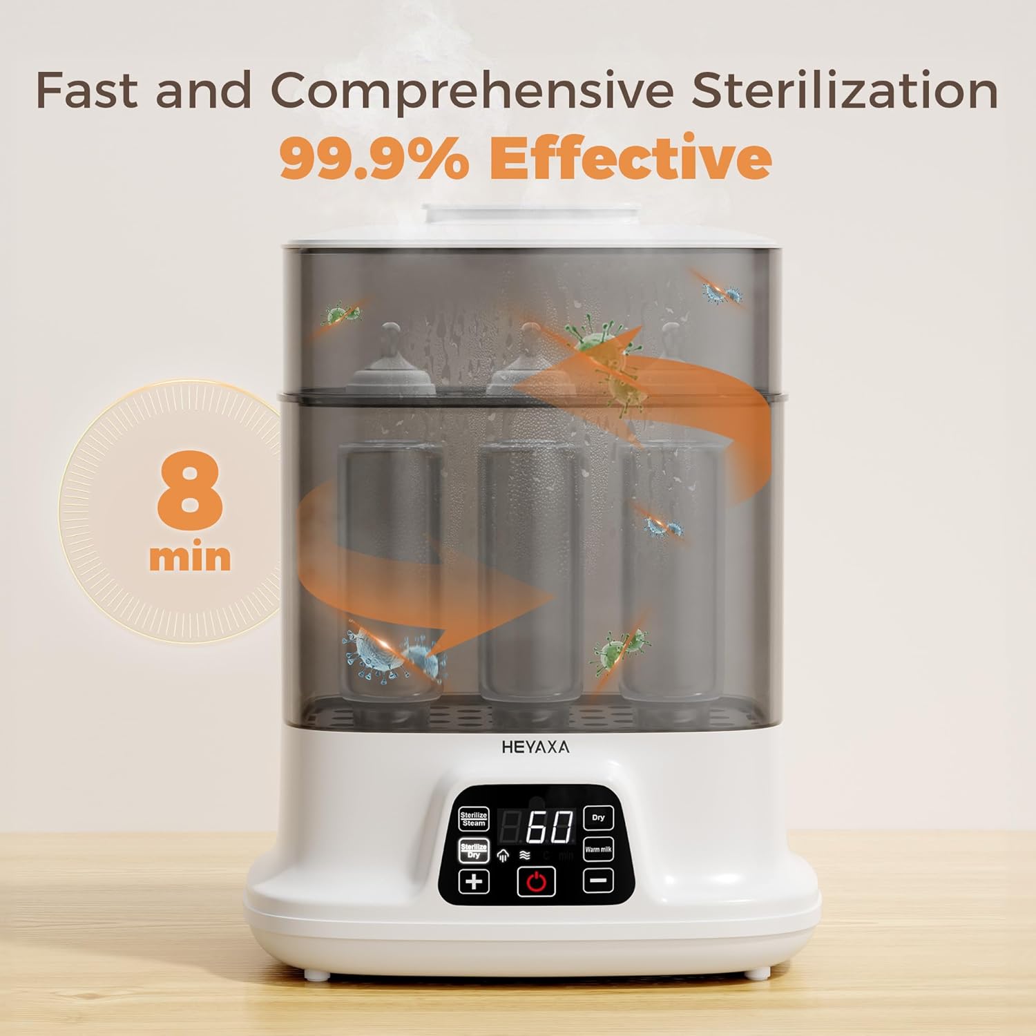 HEYAXA Baby Bottle Steri-lizer and Dryer, 10 Bottles Large Capacity, 4 in 1 Electric Steamer and Dryer for All Bottles, Parts & Baby Essentials, Touch Screen and Auto-Off Light gray