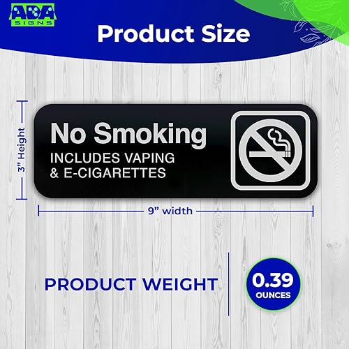 Miniatura 2 de Paquete de letrero de no fumar, no fumar, incluye vapeo y cigarrillos electrónicos, acrílico negro, texto blanco, 9 x 3 pulgadas, juego de 3