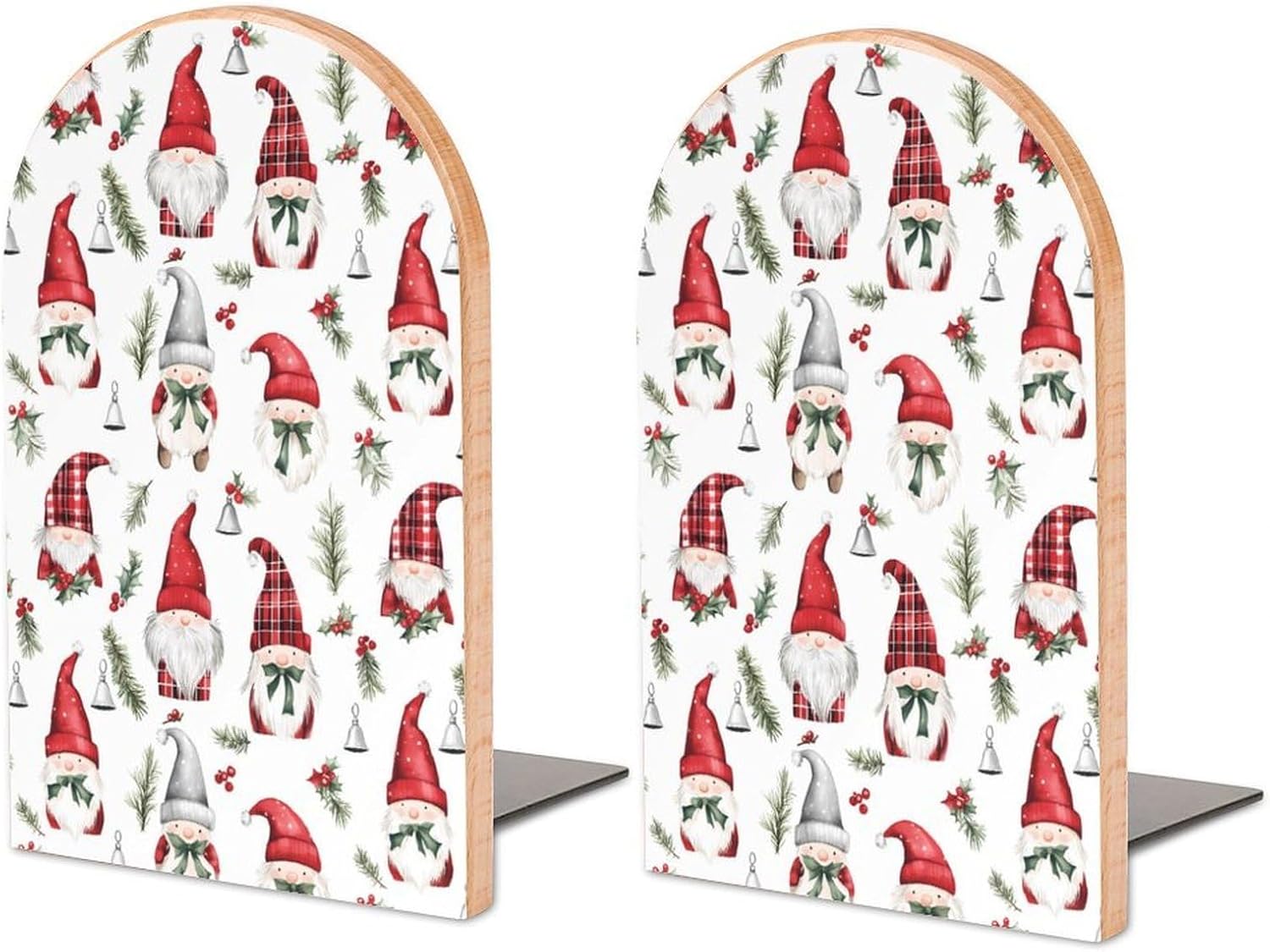 Christmas Cute Gnomes Cute Wood Book Ends Decorative Bookends 1 Pair Non-Skid for Shelves Home Office 7 X 5 Inch