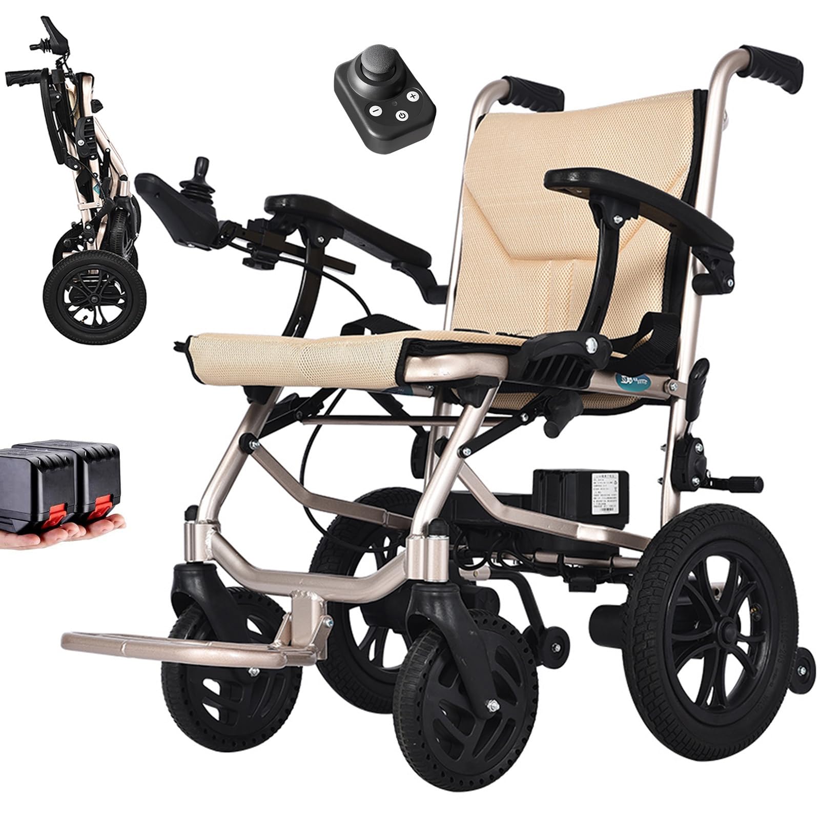 AMITD Silla de Ruedas Eléctrica Plegable Ligera 15Kg, Doble Control, Autonomía 20 km, Carga 120 kg, Todo Terreno, Doble Batería de Litio Extraíble, Certificación Aeronáutica, para Movilidad Reducida
