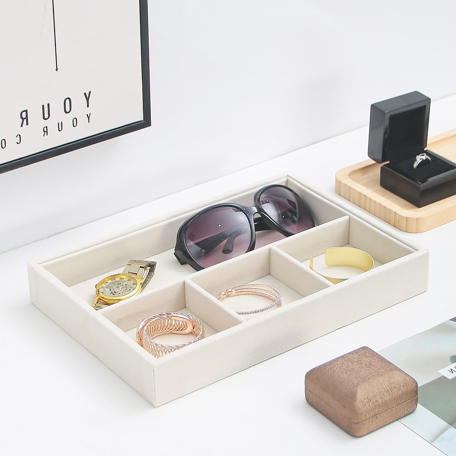 Bandeja organizadora de mesita de noche, bandeja de almacenamiento de escritorio para joyas, gafas de sol, teléfono, reloj, perfume, lápiz labial, mesita de noche, bandeja de soporte multiusos para