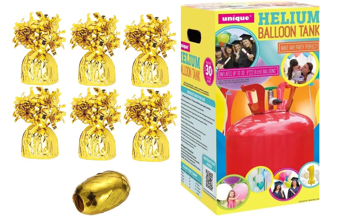 helium balloon canister with balloon weights and Ribbon (Gold Weight, Small Canister)