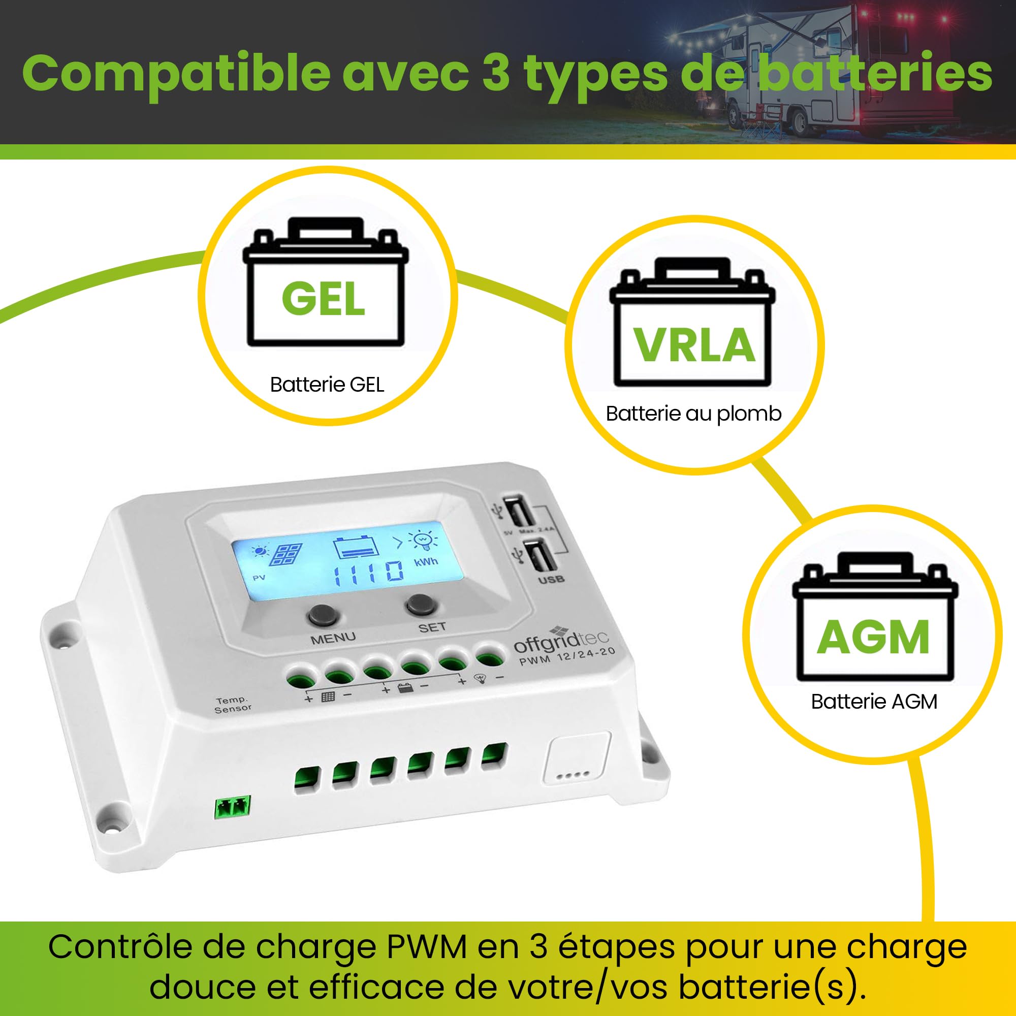 Offgridtec PWM Pro Régulateur de charge USB 12 V/24 V 20 A
