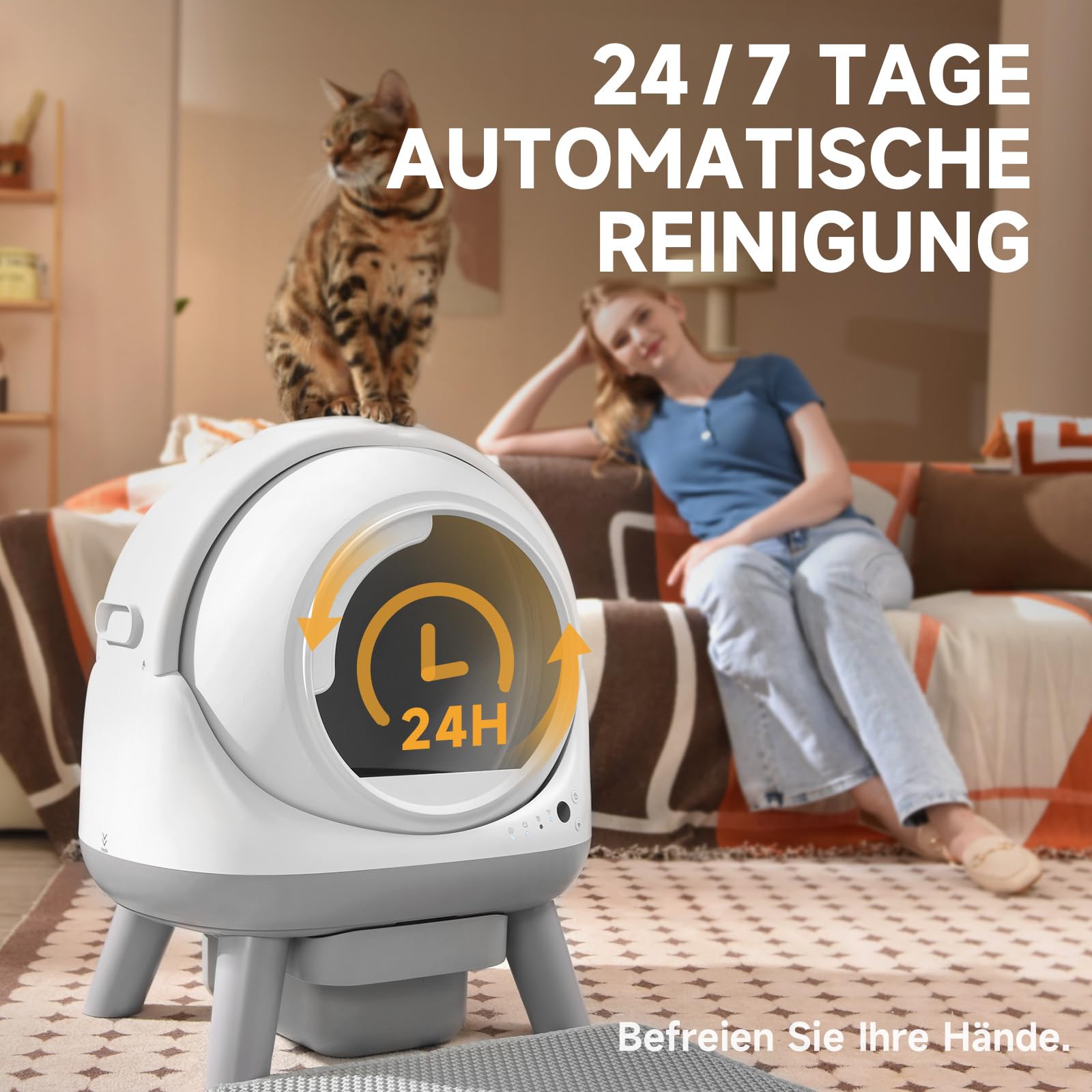 ELS PET Extragroße Selbstreinigende Katzentoilette, Sicherheitsarm, Weiß | App-Steuerung, offenes Design, Sicherheitsarm, 7 Sensoren, Geruchskontrolle, 30 cm Eingang, 18 L Tank, 1,1-8,2 kg, Antihaft
