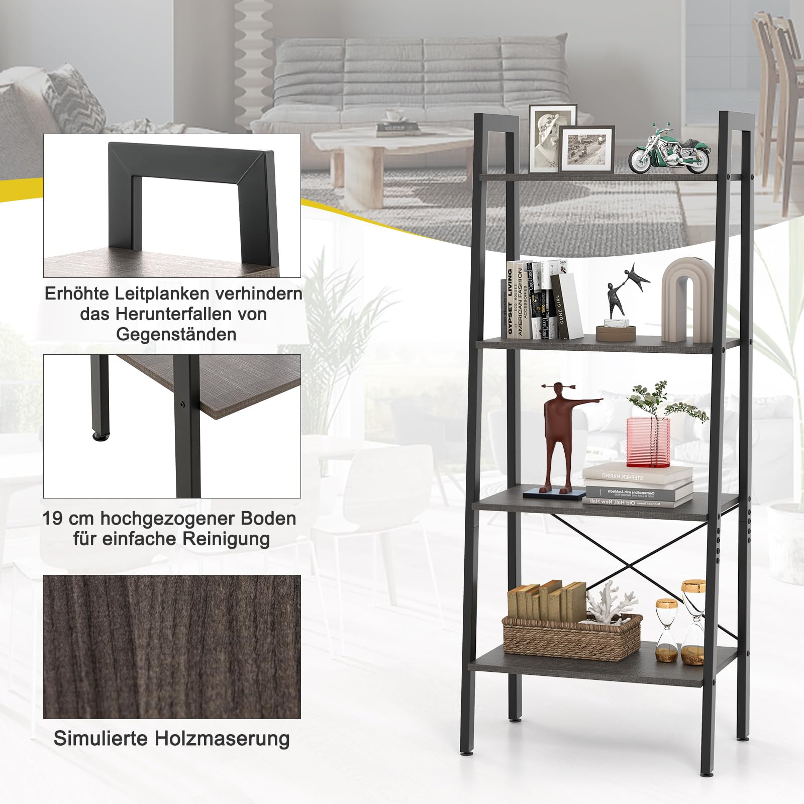 Boekenkast met 4 Niveaus Ladderrek met Metalen Frame Opbergrek met Boekenkast met 4 Niveaus Ladderrek met Metalen Frame Opbergrek met